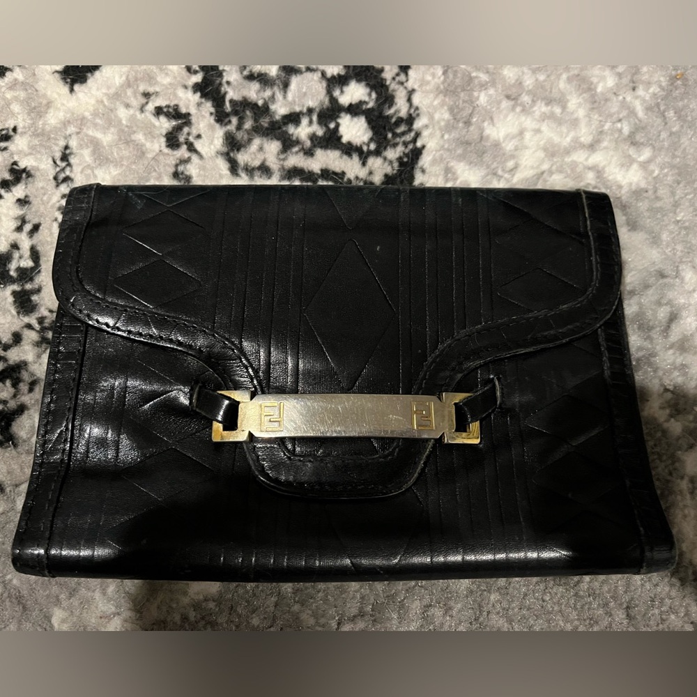Vintage Fendi Black Leather Wallet with Gold Accent